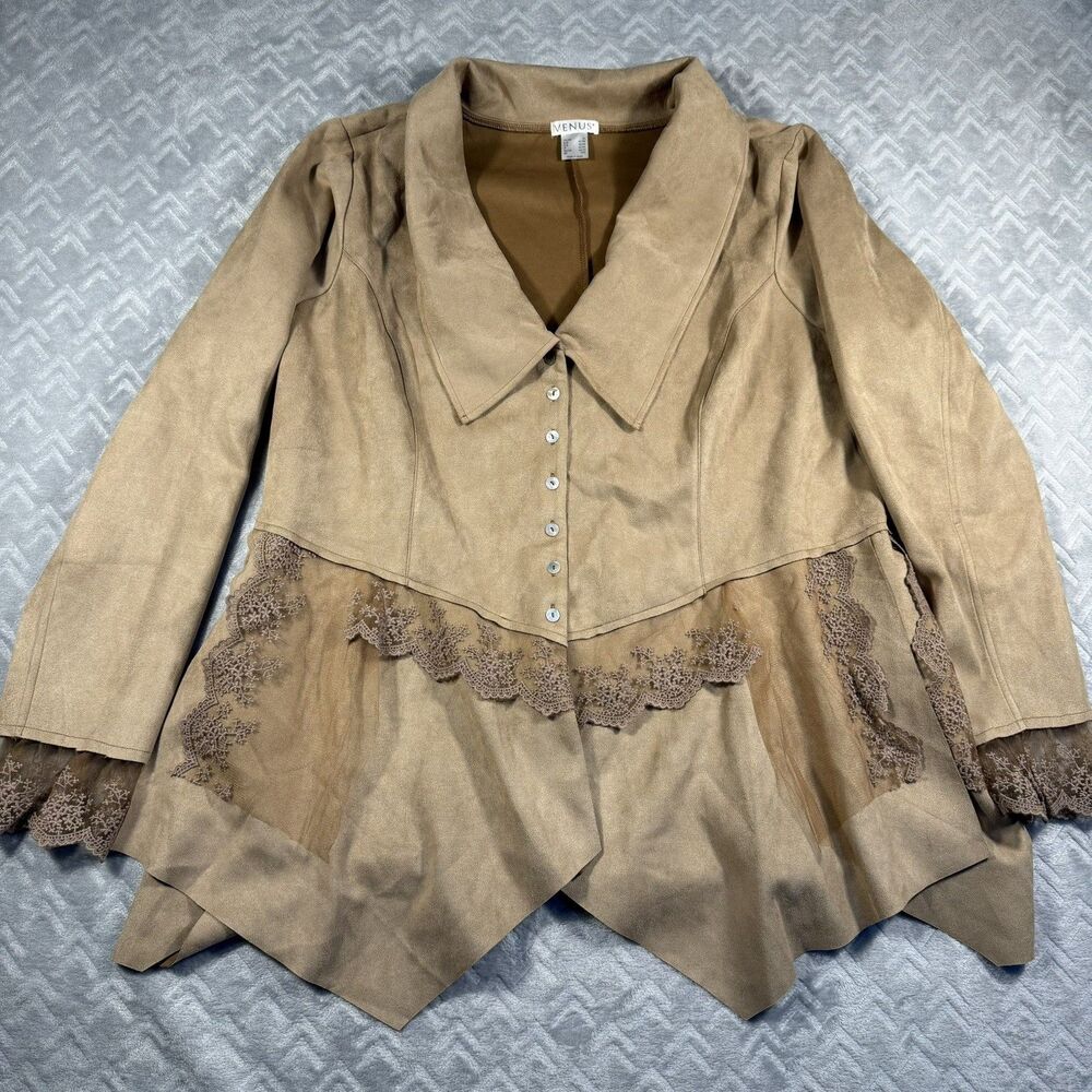 Venus Tan Faux Suede Boho Steampunk Sz 2X Jacket with Lace Accents Cosplay